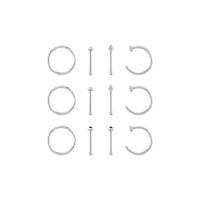 Multi-Pack Silvertone CZ Nose Hoops and Pins 12 Pack - 20 Gauge