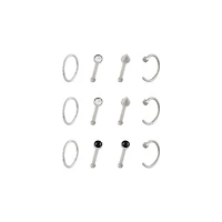 Multi-Pack Silvertone CZ Nose Hoops and Pins 12 Pack - 20 Gauge