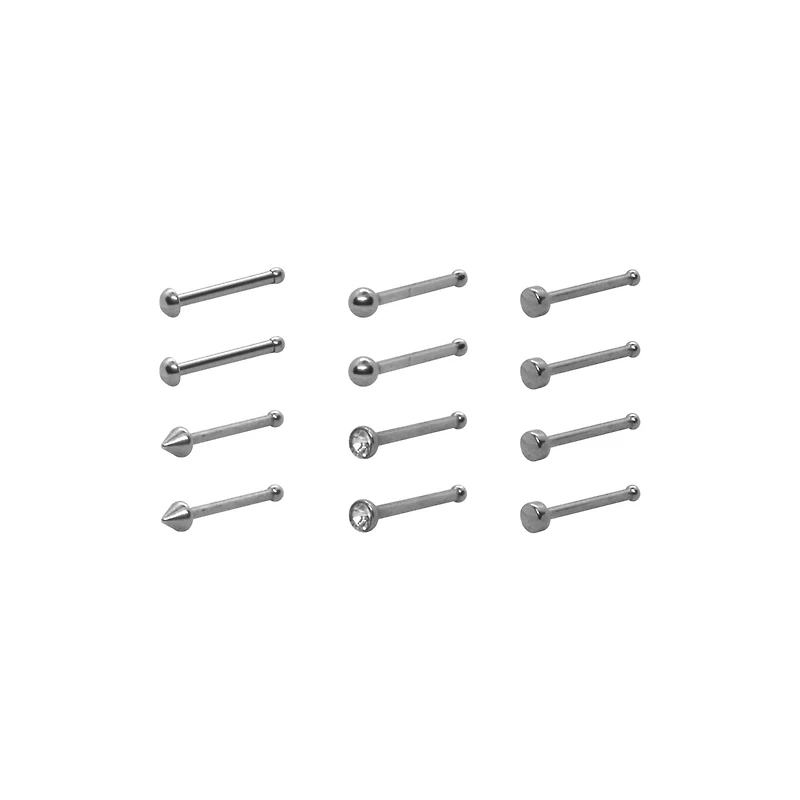 Multi-Pack CZ Round and Pointed Silvertone Pin Nose Rings 12 Pack - 20 Gauge