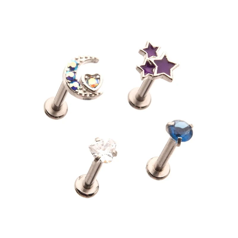 Multi-Pack CZ Moon Stars Labret Lip Rings 4 Pack - 16 Gauge
