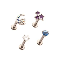 Multi-Pack CZ Moon Stars Labret Lip Rings 4 Pack - 16 Gauge