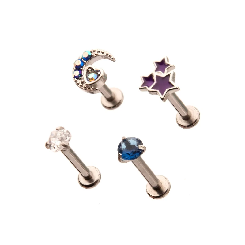Multi-Pack CZ Moon Stars Labret Lip Rings 4 Pack - 16 Gauge