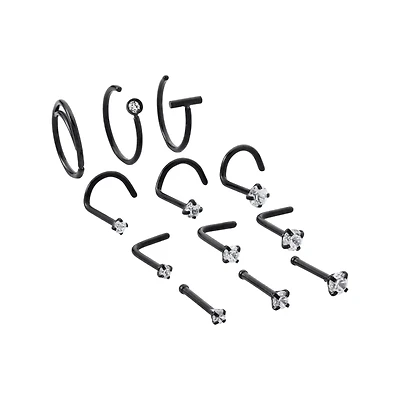 Multi-Pack Black CZ Nose Hoops and Pins 12 Pack - 20 Gauge