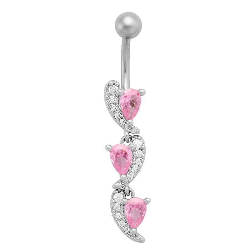 Triple Pink CZ Heart Slices Dangle Belly Ring - 14 Gauge