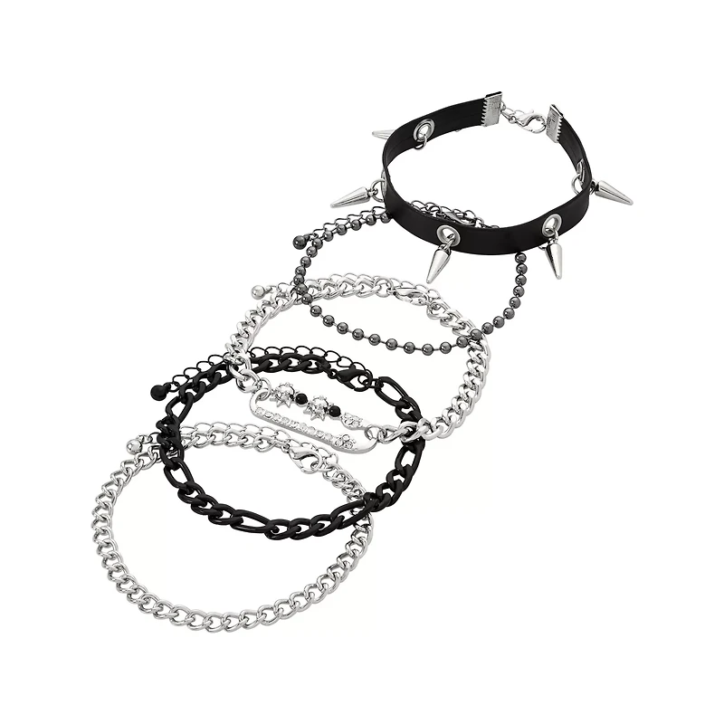 Multi-Pack Silvertone and Black Spiked Chain Bracelets - 5 Pack