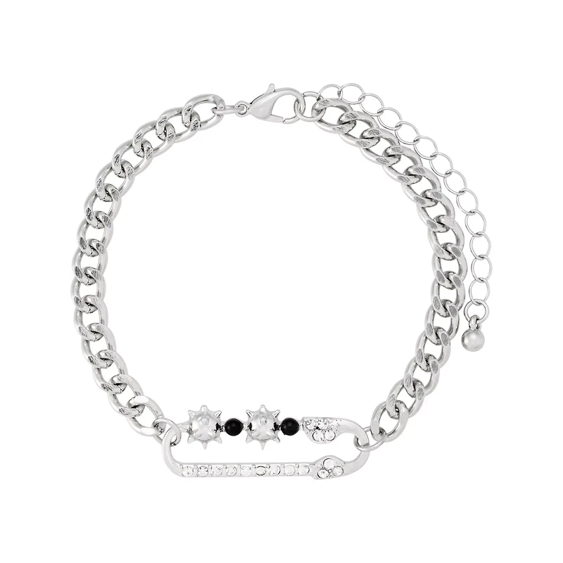 Multi-Pack Silvertone and Black Spiked Chain Bracelets - 5 Pack