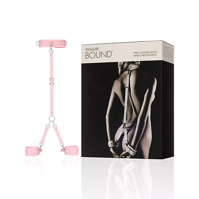 Pink Faux Leather Choker with Wrist Restraints Set - Pleasure Bound