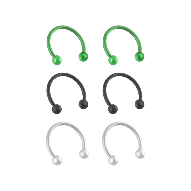 Multi-Pack Silvertone Black and Green Horseshoe Rings 3 Pair - 14 Gauge