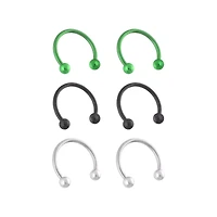 Multi-Pack Silvertone Black and Green Horseshoe Rings 3 Pair - 14 Gauge