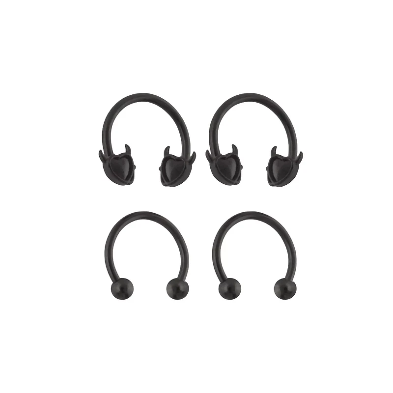 Multi-Pack Black Devil Heart and Basic Horseshoe Rings 2 Pair - 16 Gauge