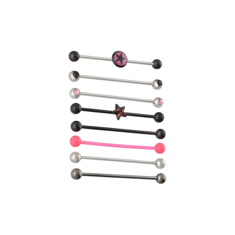 Multi-Pack Multi-Color CZ Star Industrial Barbells 8 Pack - 14 Gauge