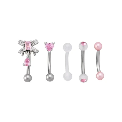 Multi-Pack Pink CZ Bow and Heart Curved Barbells 5 Pack - 16 Gauge