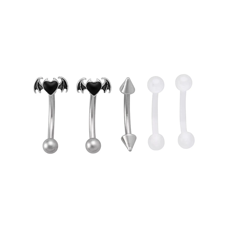 Multi-Pack Bat Heart Curved Barbells and Retainers 5 Pack - 16 Gauge