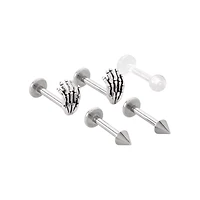 Multi-Pack Silvertone Skeleton Hand Flatback Labret Lip Rings 5 Pack - 16 Gauge