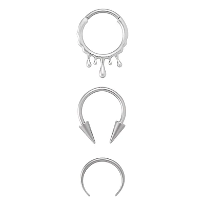 Multi-Pack Spiked Horseshoes and Drip Hanged Septum Ring 3 Pack - 16 Gauge
