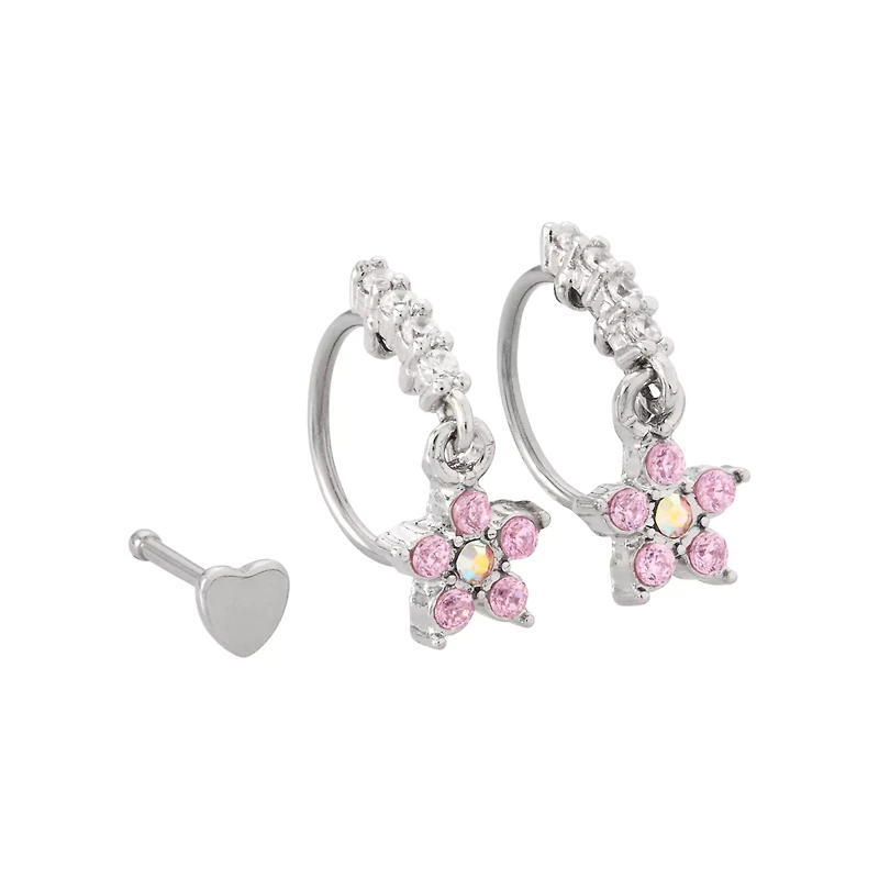 Multi-Pack Flower Hoop and Pin Dangle Nose Rings 3 Pack - 20 Gauge