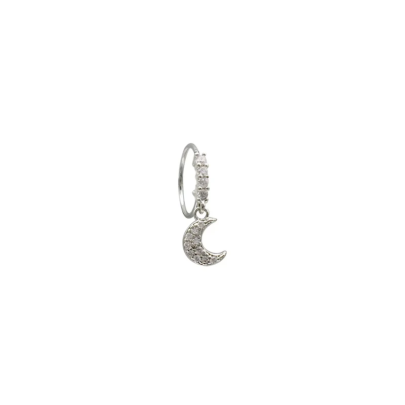 CZ Silvertone Dangle Moon Hoop Nose Ring - 20 Gauge