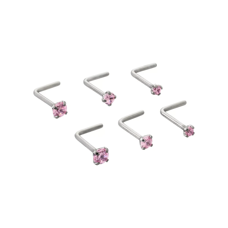 Multi-Pack CZ Pink L-Bend Nose Rings 6 Pack - 20 Gauge