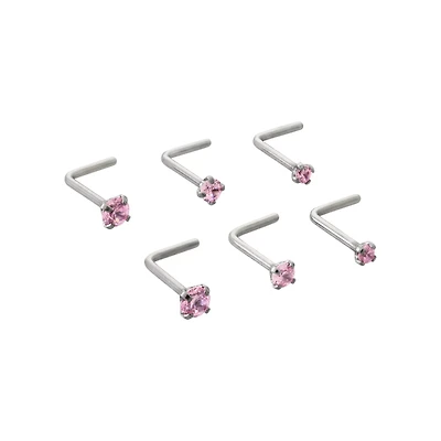 Multi-Pack CZ Pink L-Bend Nose Rings 6 Pack - 20 Gauge