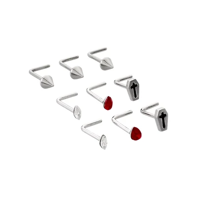 Multi-Pack CZ Red Coffin L-Bend Nose Rings 9 Pack - 20 Gauge