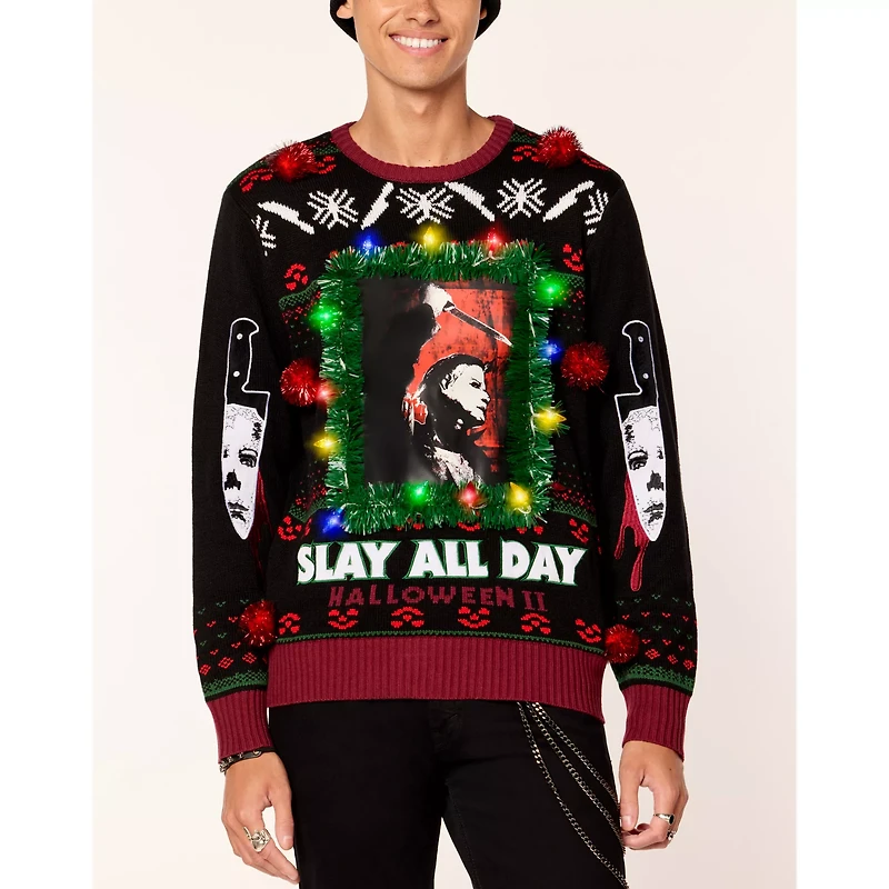 Light-Up Michael Myers Slay All Day Christmas Sweater - Halloween II