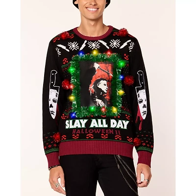 Light-Up Michael Myers Slay All Day Christmas Sweater - Halloween II