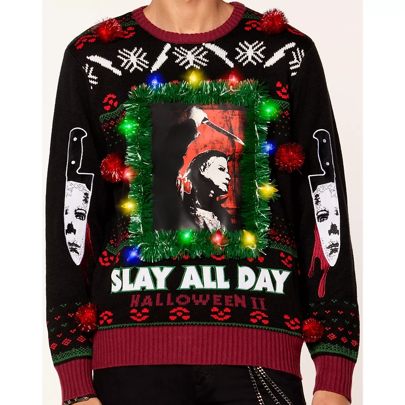 Light-Up Michael Myers Slay All Day Christmas Sweater - Halloween II