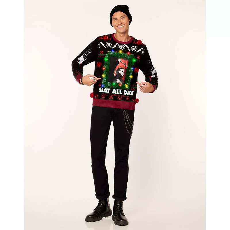 Light-Up Michael Myers Slay All Day Christmas Sweater - Halloween II