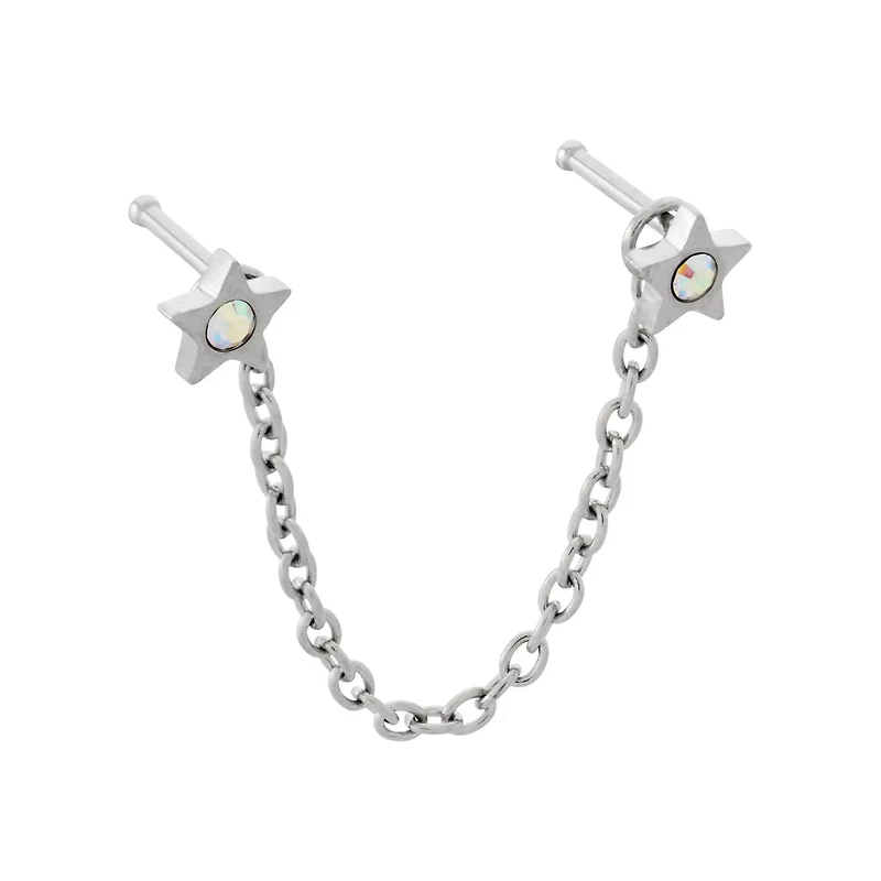 Silver CZ Chained Star Nose Pins - 20 Gauge