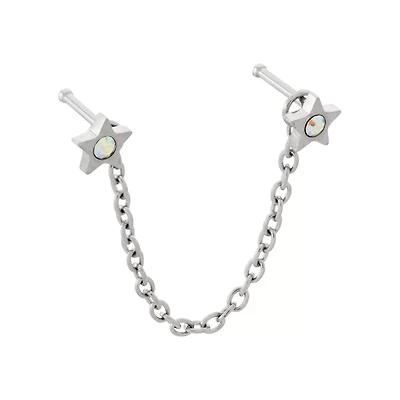 Silver CZ Chained Star Nose Pins - 20 Gauge