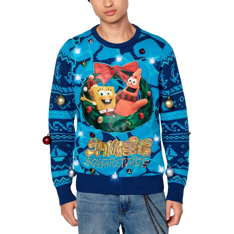 Light-Up SpongeBob SquarePants Wreath Christmas Sweater