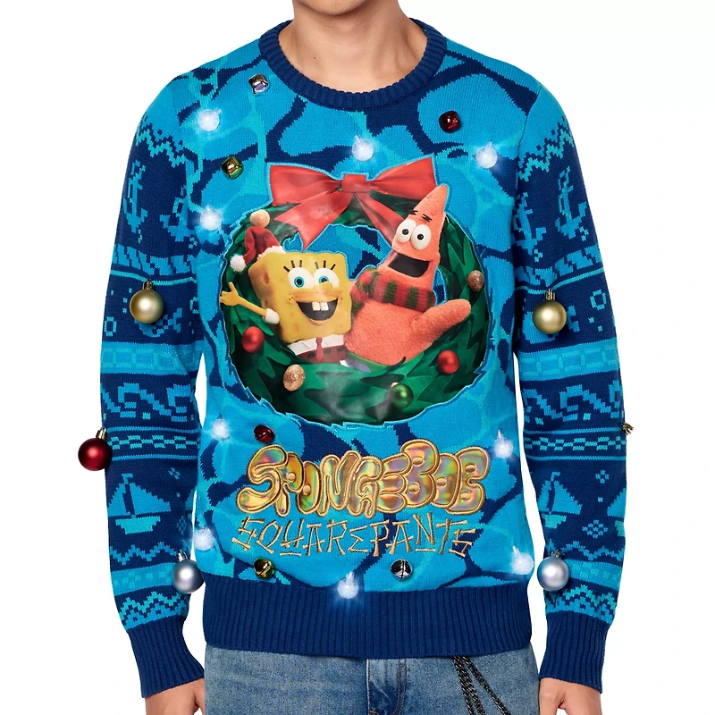 Light-Up SpongeBob SquarePants Wreath Christmas Sweater