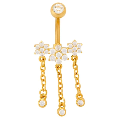 Gold-Tone CZ Flower Dangle Belly Ring - 14 Gauge