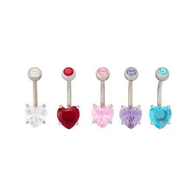 Multi-Pack Multi-Color CZ Heart Belly Rings 5 Pack - 14 Gauge