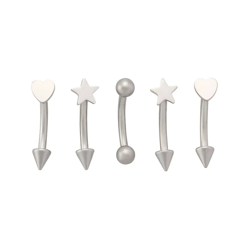 Multi-Pack Silver-Tone Angel Fang Acrylic Heart and Star Curved Barbell 5 Pack - 16 Gauge