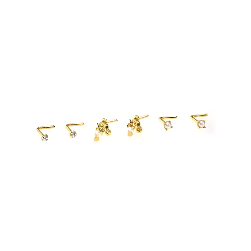 Multi-Pack Goldtone Bow Dangle and Pearl-Effect L-Bend Nose Pins 6 Pack - 20 Gauge