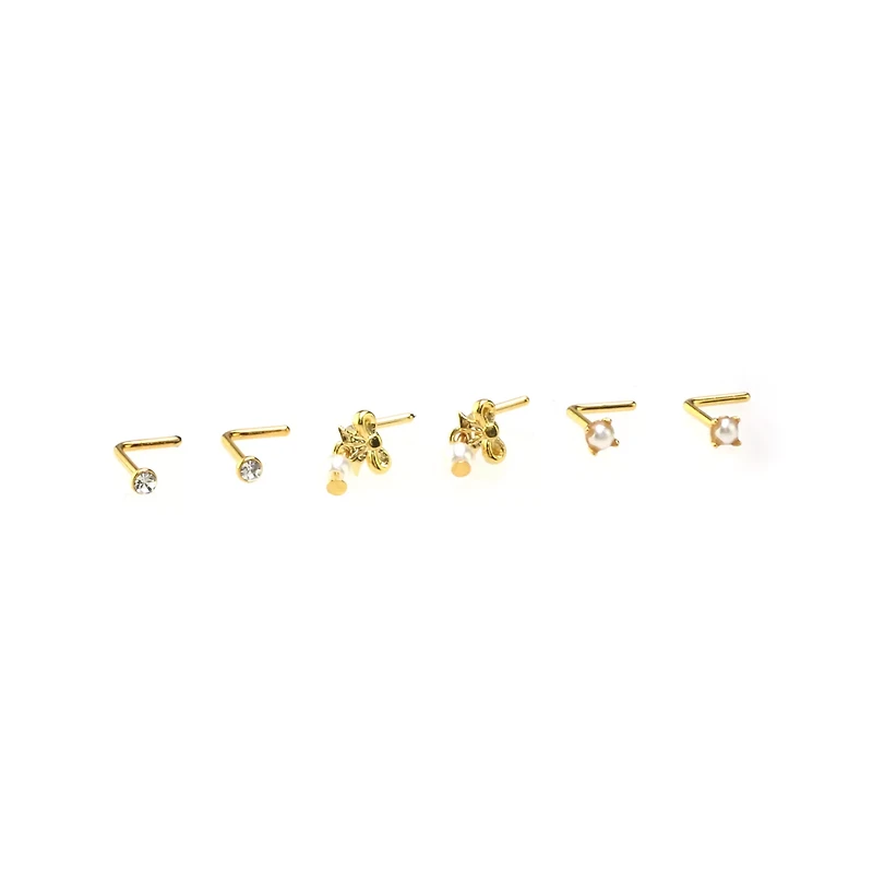 Multi-Pack Goldtone Bow Dangle and Pearl-Effect L-Bend Nose Pins 6 Pack - 20 Gauge