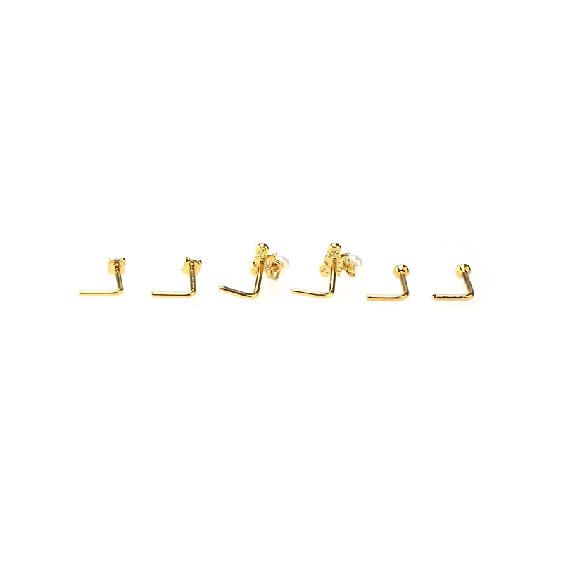 Multi-Pack Goldtone Bow Dangle and Pearl-Effect L-Bend Nose Pins 6 Pack - 20 Gauge