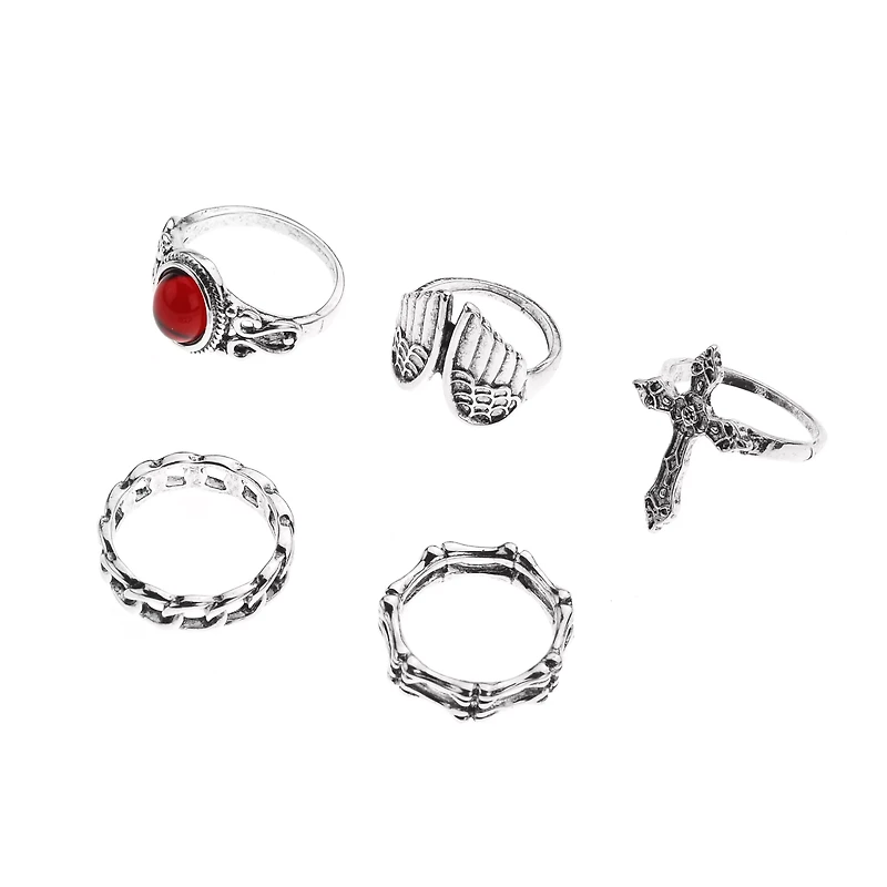 Multi-Pack Red Stone Cross Rings - 5 Pack