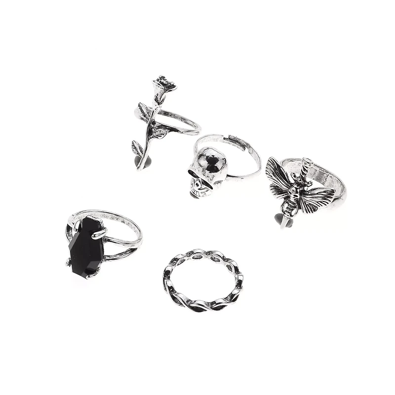 Multi-Pack Flower Skull Stone Rings - 5 Pack