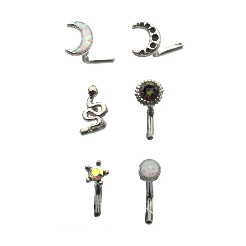 Multi-Pack CZ Star and Moon L-Bend Nose Rings 6 Pack - 20 Gauge