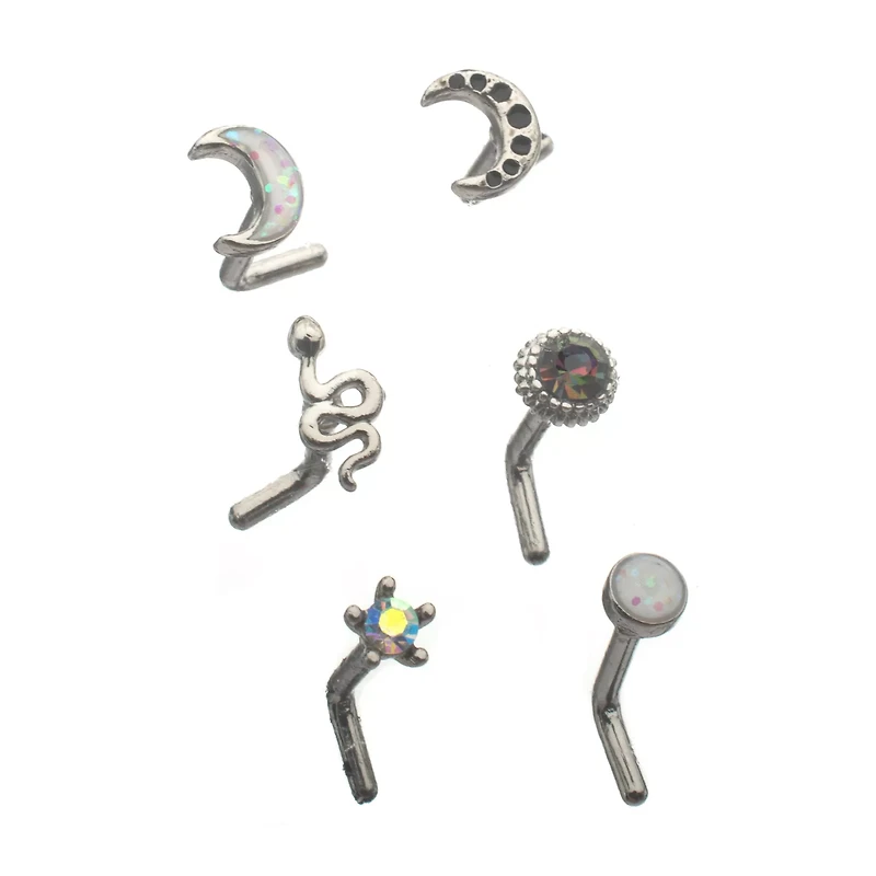 Multi-Pack CZ Star and Moon L-Bend Nose Rings 6 Pack - 20 Gauge