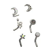 Multi-Pack CZ Star and Moon L-Bend Nose Rings 6 Pack - 20 Gauge