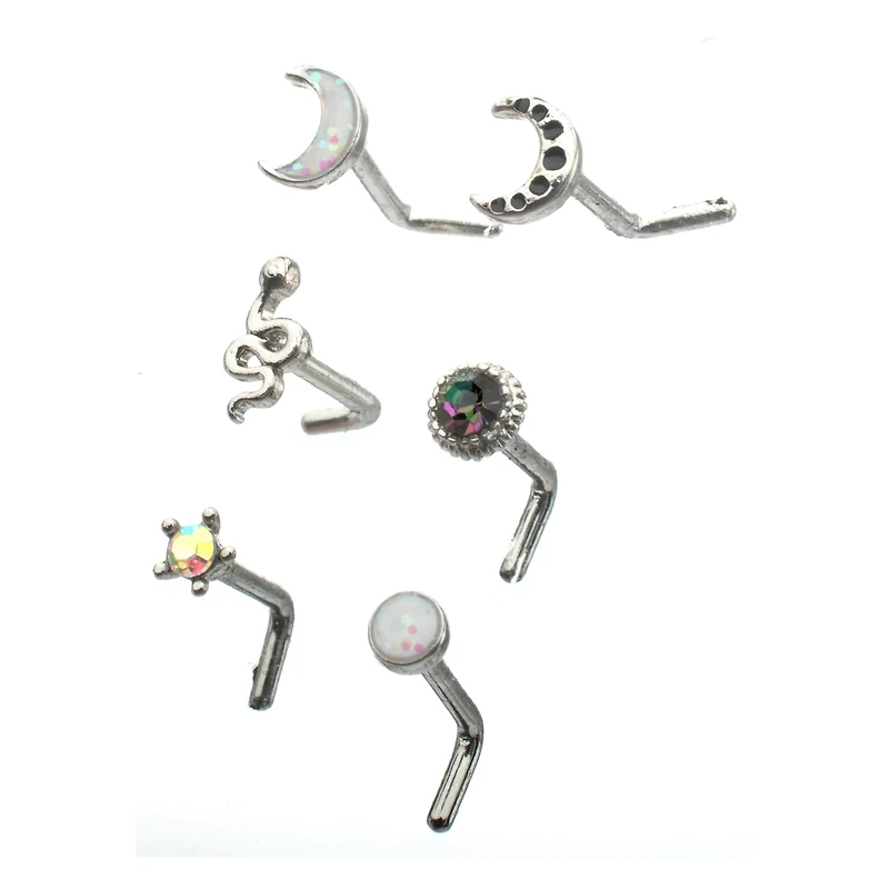 Multi-Pack CZ Star and Moon L-Bend Nose Rings 6 Pack - 20 Gauge