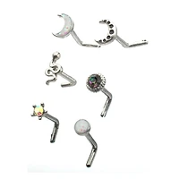 Multi-Pack CZ Star and Moon L-Bend Nose Rings 6 Pack - 20 Gauge