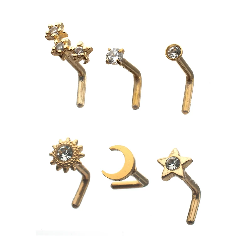 Multi-Pack CZ Gold-Plated Galaxy L-Bend Nose Rings - 6 Pack