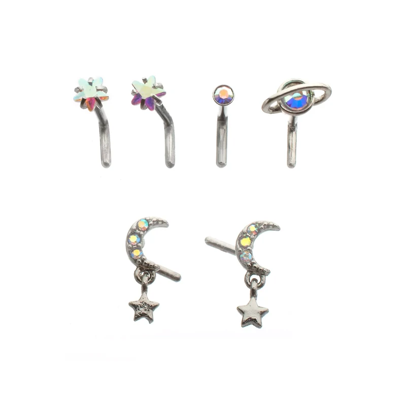 Multi-Pack CZ Moon and Star L-Bend Nose Rings - 6 Pack
