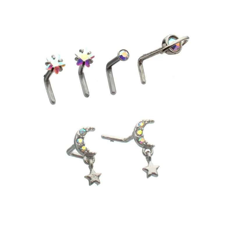 Multi-Pack CZ Moon and Star L-Bend Nose Rings - 6 Pack