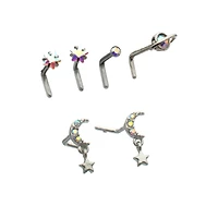 Multi-Pack CZ Moon and Star L-Bend Nose Rings - 6 Pack
