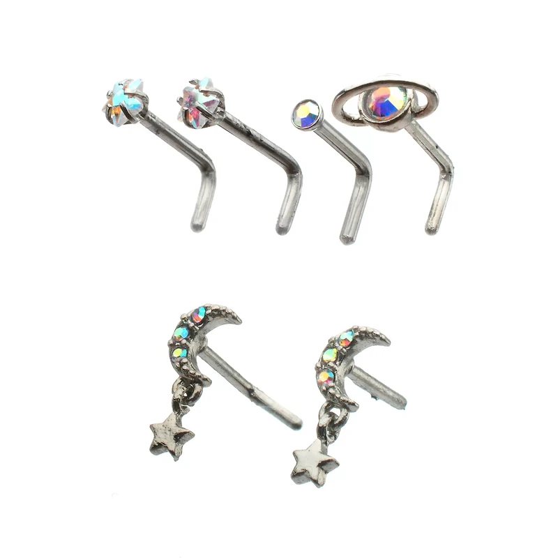 Multi-Pack CZ Moon and Star L-Bend Nose Rings - 6 Pack
